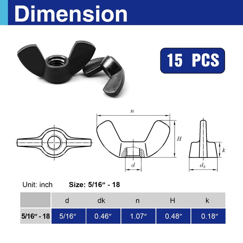 Usdrwam 15Pcs 5/16"-18 Wing Nuts Kit, Zinc Plating-Black Wing Nuts Butterfly Fasteners, Hand-Tighten Hardware Nuts Kit for Easy Assembly and Secure Fit Furniture - Image 2